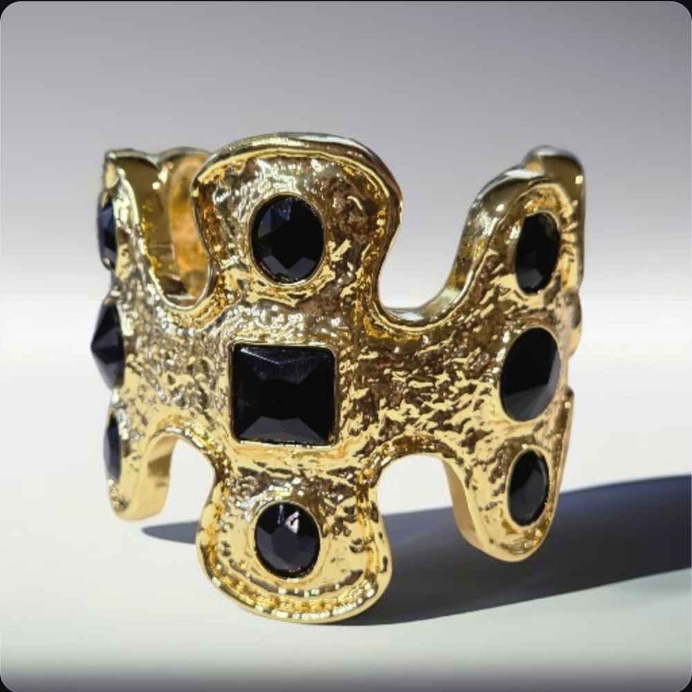 Massive Gold Hammered Byzantine Cross Onyx Cabochon Statement Cuff Bracelet